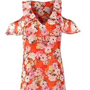 Cabi Lush Blouse - Red Floral Cold-Shoulder Top